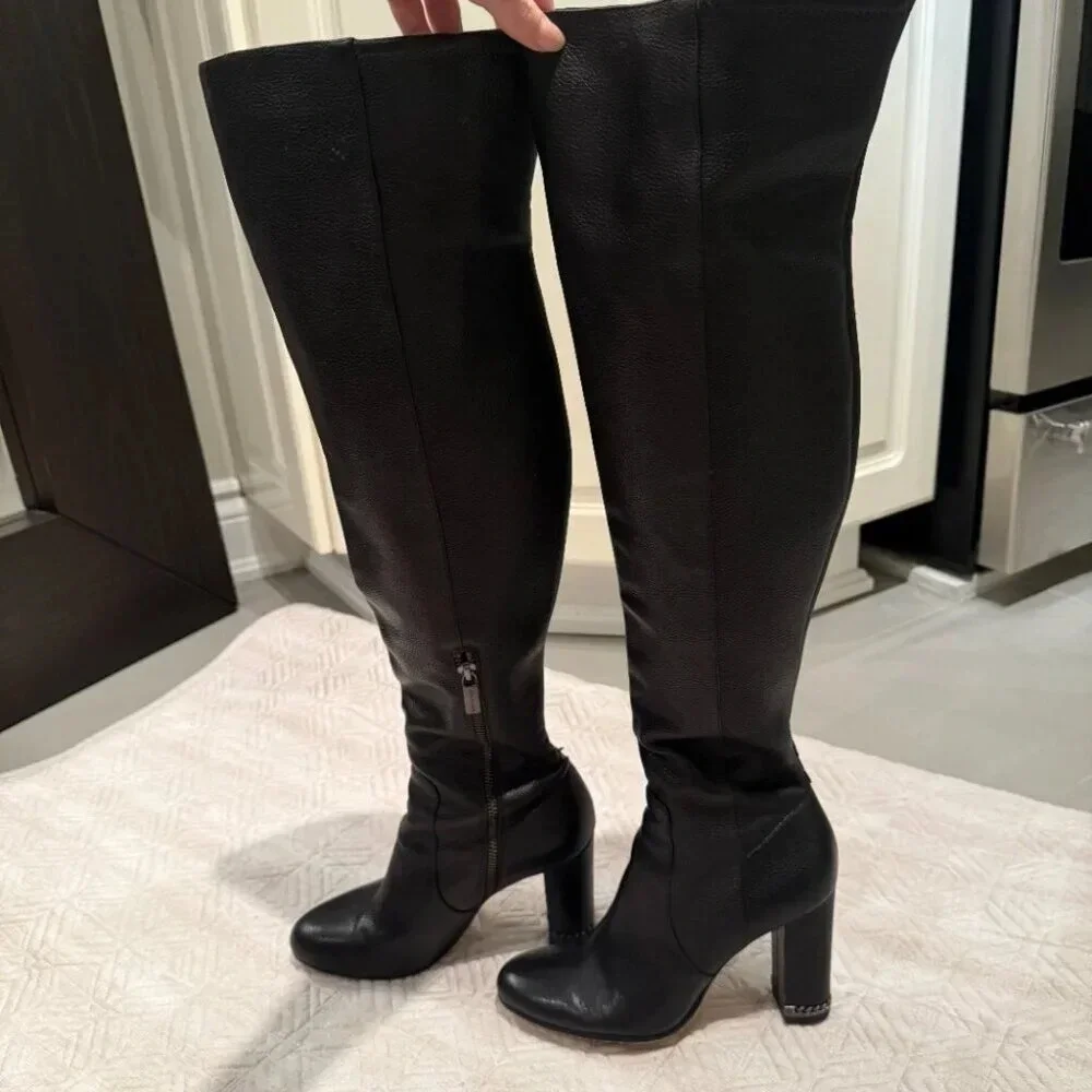 Black Leather Knee High Heeled Boots, Michael Kors, Size 7 - Picture 5 of 10
